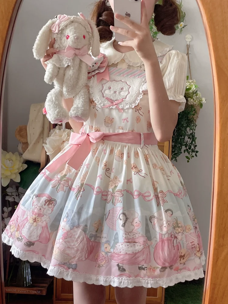 

Summer Short Sleeved Lolita Dress Slimming Jsk Camisole Dress Shirt Set Japanese Kawaii Loli Tea Party Dress