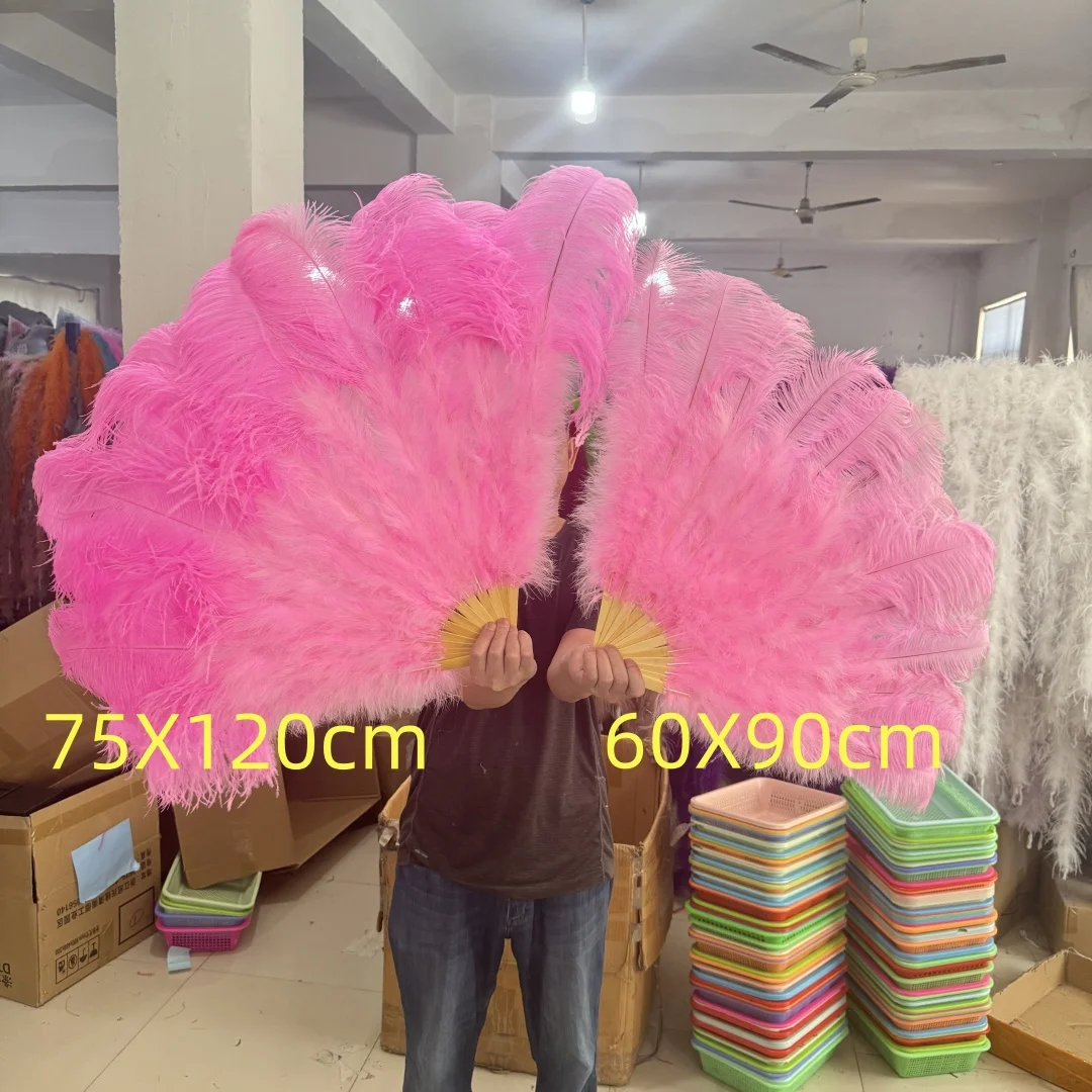 1/2PCS Real Ostrich Feathers Fan Blue 13Bone Foldable Handheld Feather Fans for Party Performance Props Dance Parties Decoration