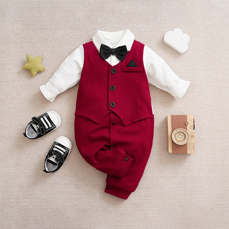 Gentleman Baby Boys bow tie Cotton Clothing Spring and Autumn Children One-Piece  long sleeves Jacket 0-2 years old Rompers