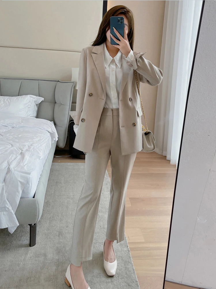 Moda Wiosna Jesień Formalny 2-częściowy strój Garnitury Kobiety Odzież damska Dojazdy do pracy Casual Solidne topy Płaszcz Marynarka Garnitur Długie spodnie Zestaw