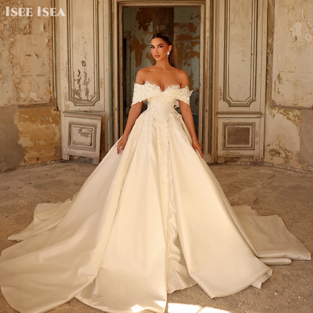 Vestidos de novia para mujer con hombros descubiertos, cuello en V, apliques, cola de barrido, línea A, Vestido de novia con purpurina para 2025 personalizado