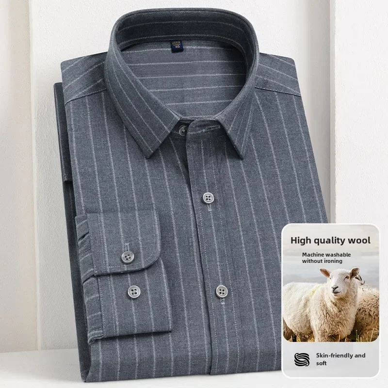 High end men's long sleeved shirt, business professional formal wool shirt, spring and autumn new styles, dad's striped top