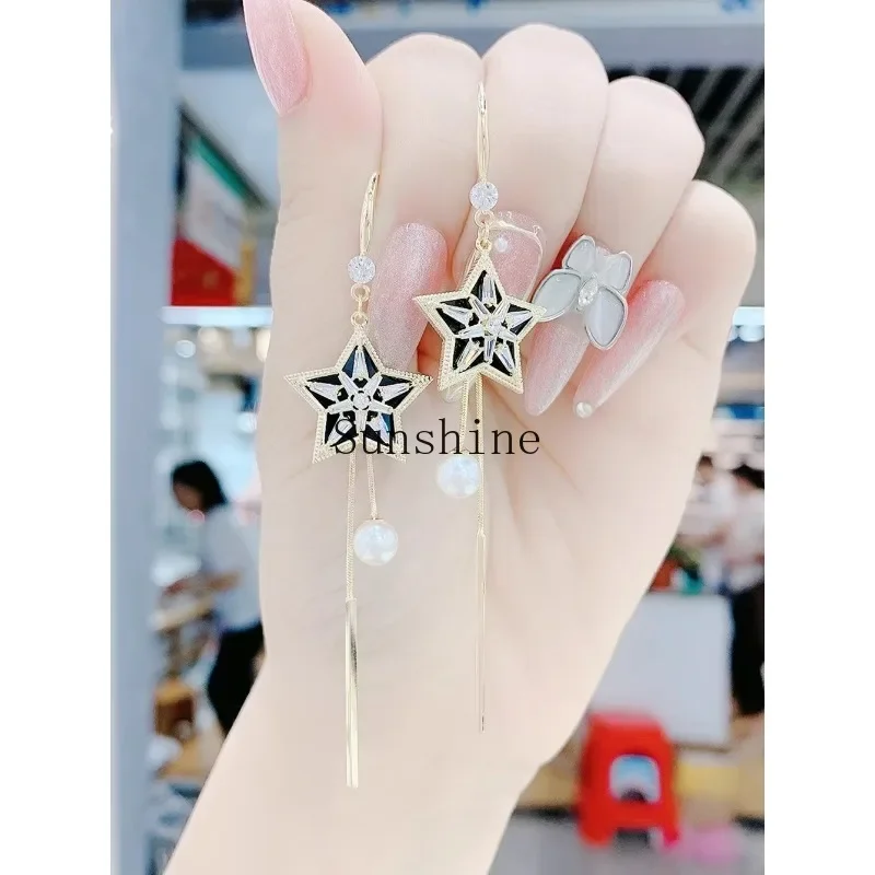 Temperament tassel long earrings pearl five-pointed star personality exaggerated earrings