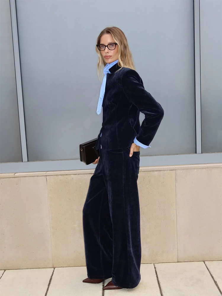 Navy‑blue Velvet 2 Piece Suit Set Stand Collar Padded‑shoulder Single‑breasted Long‑sleeve Jacket Women  Elegant Matching Outfit