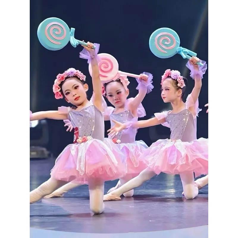 子供用パフォーマンス衣装女の子用パフスカートスパンコール付きプリンセスドレスバレエスタイルドレス幼稚園ダンスパフォーマンス衣装