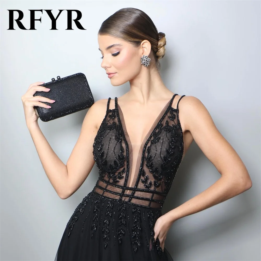 RFYR-Robes formelles bleues à bretelles spaghetti, robe de soirée à col en V profond pour mariage, appliques en dentelle, robes pour occasions spéciales personnalisées