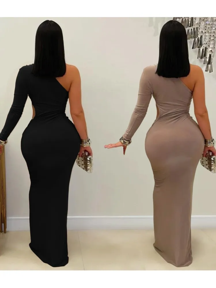 Une épaule évider robe longue femmes automne hiver à manches longues col diagonale dos nu Clubwear fête Maxi robes moulantes