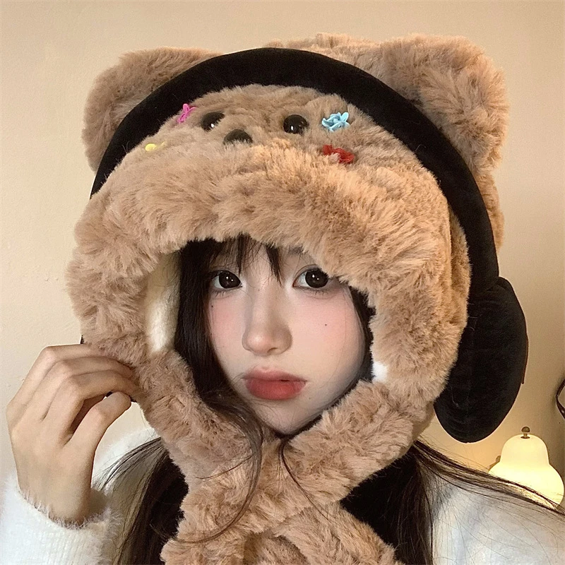 New Winter Plush Beanie Hats Headphone Bear Hat Scarf One-Piece Warm Hooded Neck Warmer Thickened Fleece Ear Protection Cold Cap