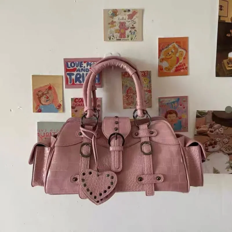 JBTP Vintage Biker Shoulder Bag Y2k Hippie American Street Style Heart Rivets Pink Handbag New Advanced Leather Designer Bags