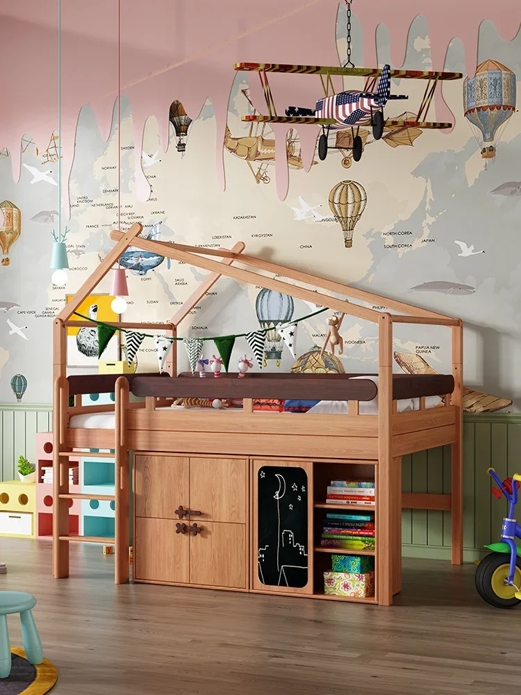 Children's Bed with Storage Wardrobe Bookcase Integrated Tree House Bed Fence Solid Wood 1