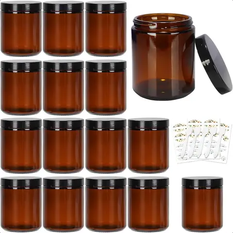 8 oz Amber Glass Jars with Lids 15 Pack Empty Glass Storage Containers for DIY Candle Making Spice Cream Plastic Airtight Lids