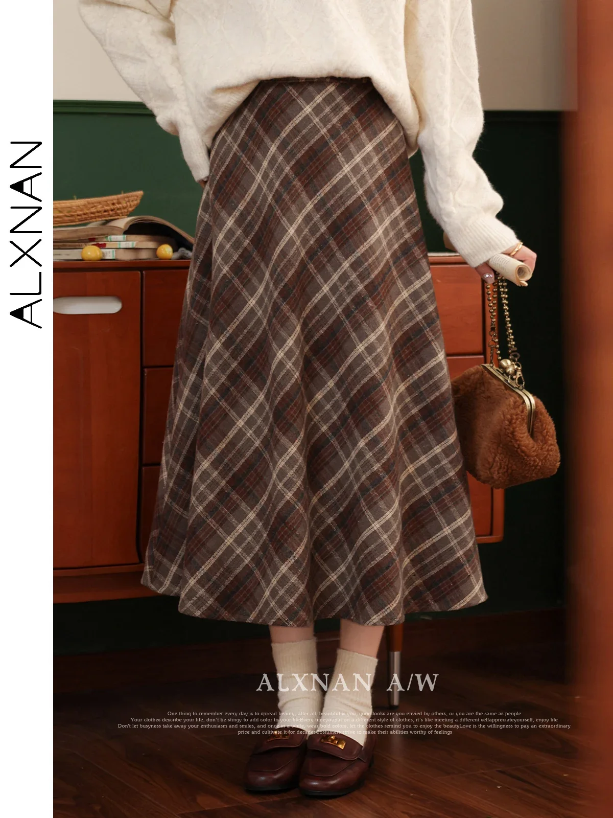 ALXNAN-Jupe plissée à carreaux vintage pour femme, ligne A, mi-longue, épaisse, garde au chaud, chic, nouvelle tendance, automne, hiver, LXN32097, 2024