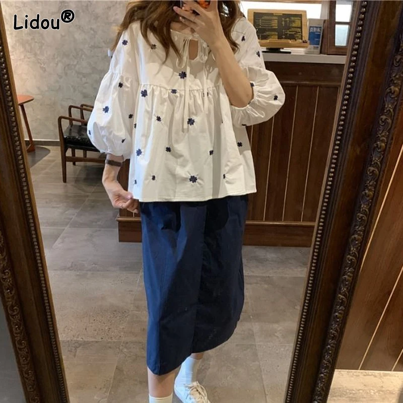 Spring Summer Thin Three Quarter Sleeve Lace-up Patchwork Solid Loose Printing Pleated Round Neck Fashion Women's Clothing 2022