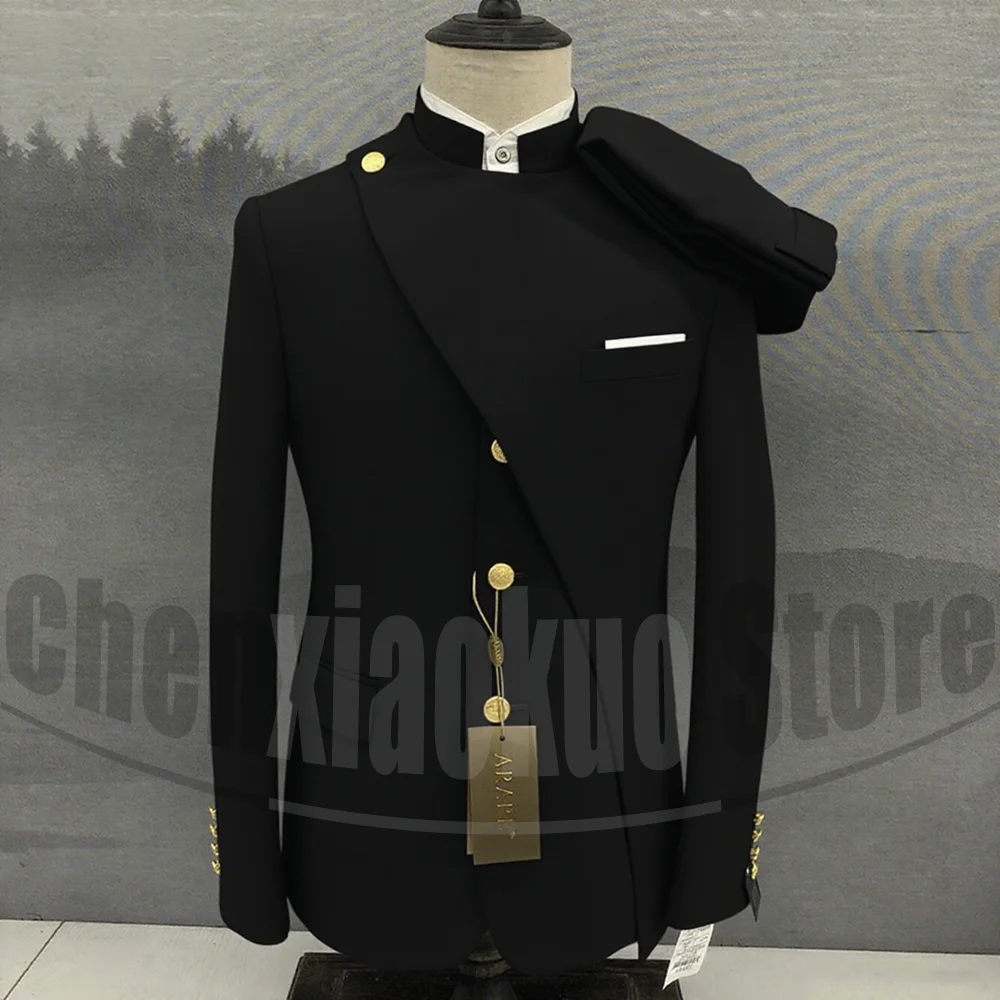 Men Suits 2 Pieces Mandarin Collar Solid Color Outfits Wedding Party Prom Exquisite Asymmetric Design Tailored Male Suit