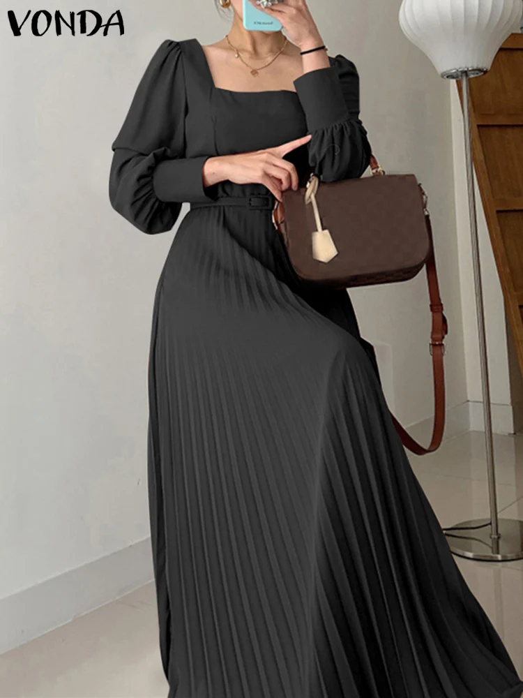 VONDA Elegant Sundress Long Maxi Dress Women 2024 Autumn Long Lantern Sleeve Casual Square Collar Pleated Belted Solid Vestidos