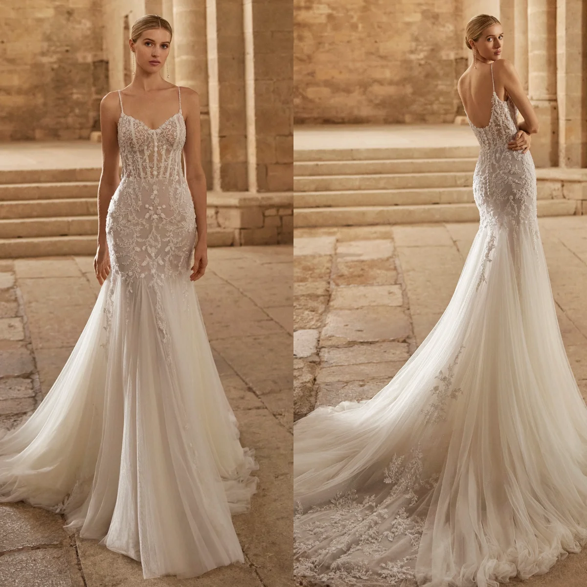 Ivory Spaghetti Neck Wedding Dresses Lace Appliqued Beading Customized Sweep Train Bridal Gowns Vestidos De Novia