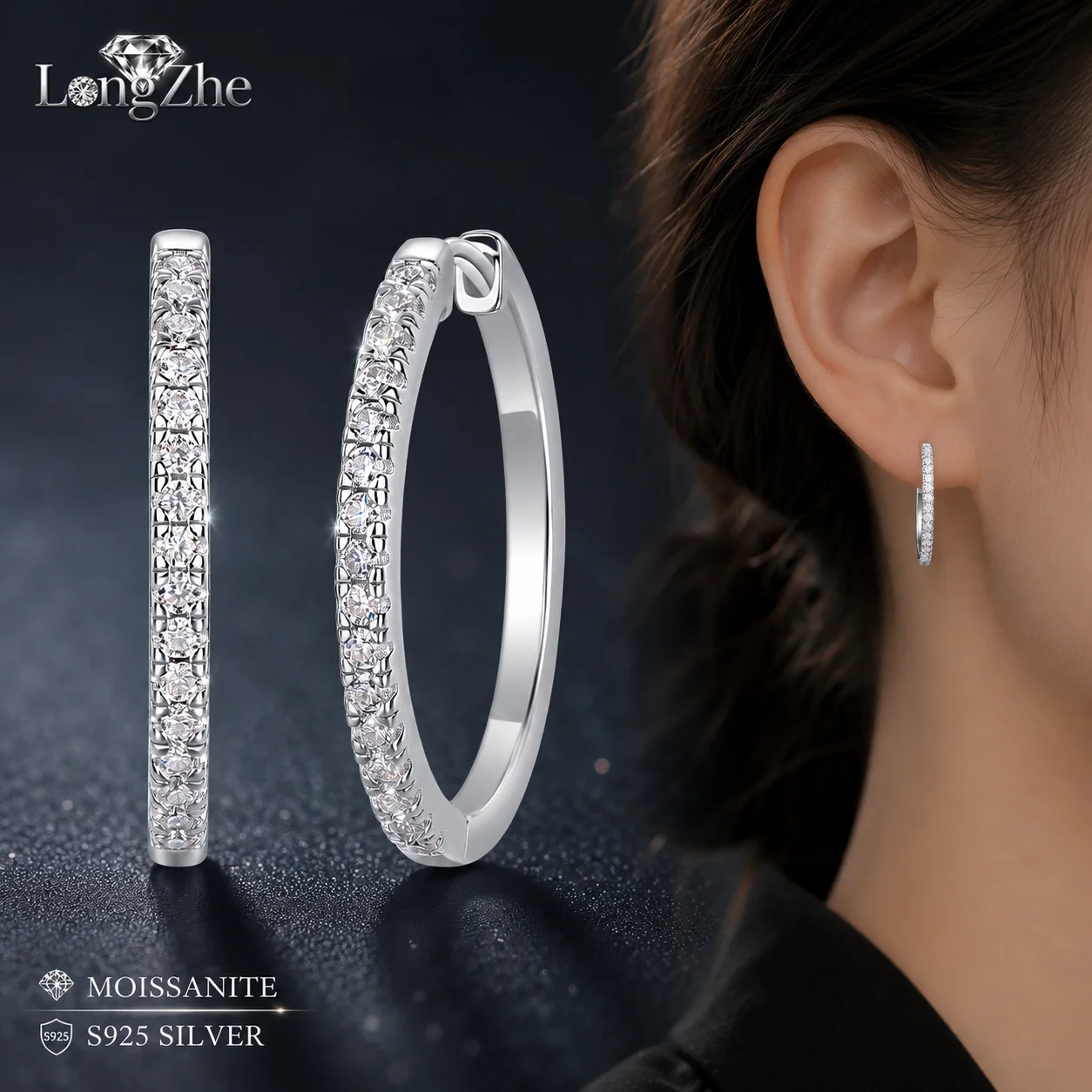LongZhe Moissanite Earrings Gold Hoop Earrings for Women 925 Sterling Silver 0.15CT Round Stone Fine Jewelry Wedding Gift Party