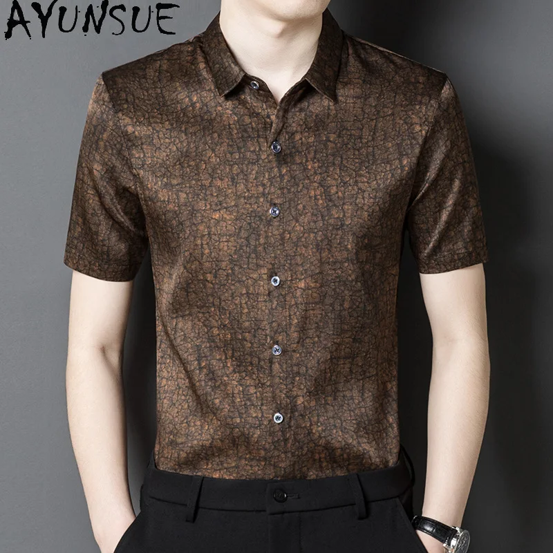 AYUNSUE Quality Gauze Silk Man Short Sleeve Shirt Summer Casual Business 92% Mulberry Silk Mens Shirts Fashion Clothing 남성 여름 셔츠