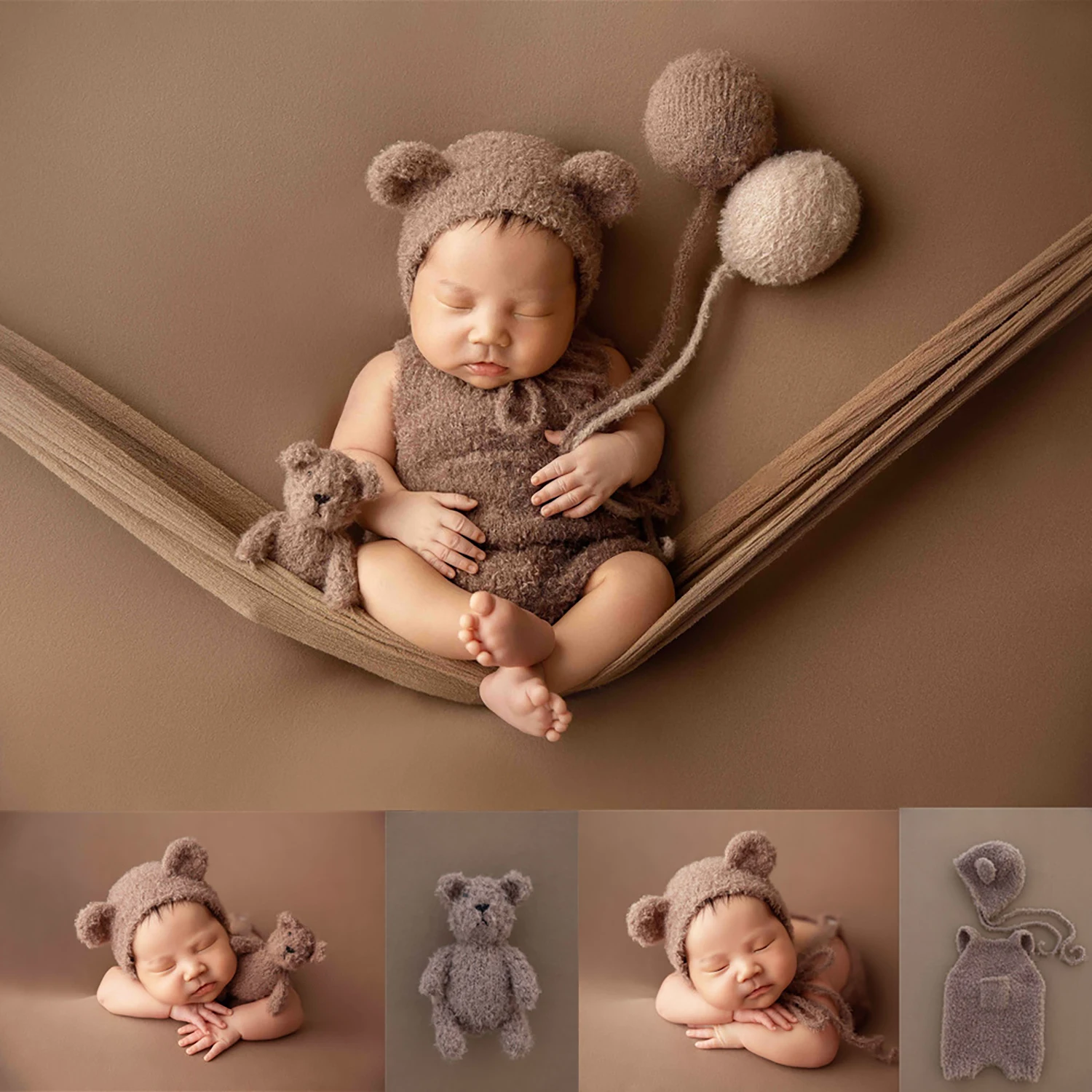 Newborn Photography Bear Costume Knitted Balloon Decorative Props Baby Plush Hat Jumpsuit Set Photo Studio Shooting Accessories