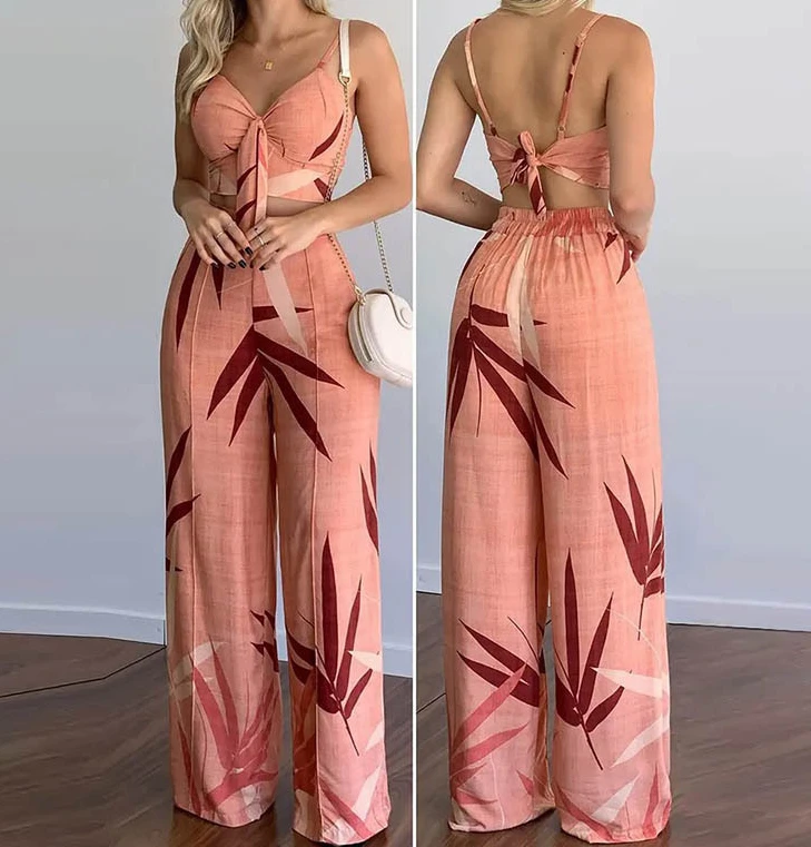 Two Piece Sets Womens Outifits 2024 Summer New Print Elegant Temperament Sexy Cami Top & Fashion Straight Leg Pants Casual Set