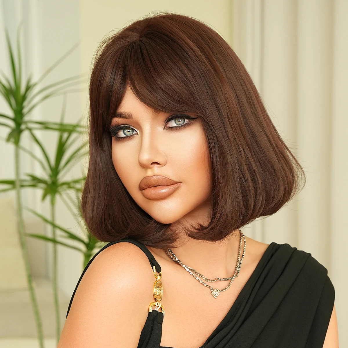Short Straight Mocha Brown Wig for Women Synthetic Modest Fashion Middle Part Wear and Go Chocolate Bob Wigs with Curtain Bangs