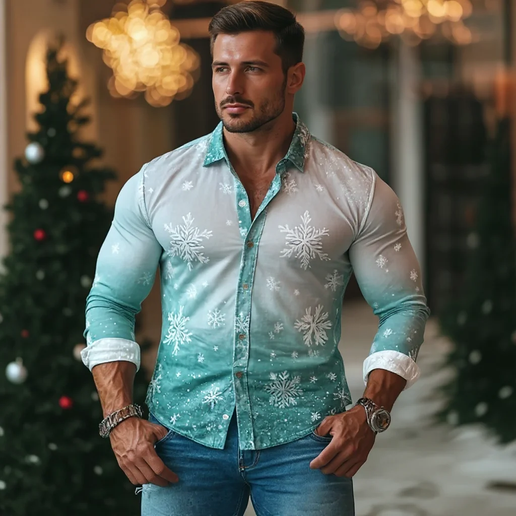 Men's Snowflake Gradient Color Shirt Fashion 3D Printed Shirt Button Up Shirt Casual Long Sleeve Shirt Street Blouse For Mens