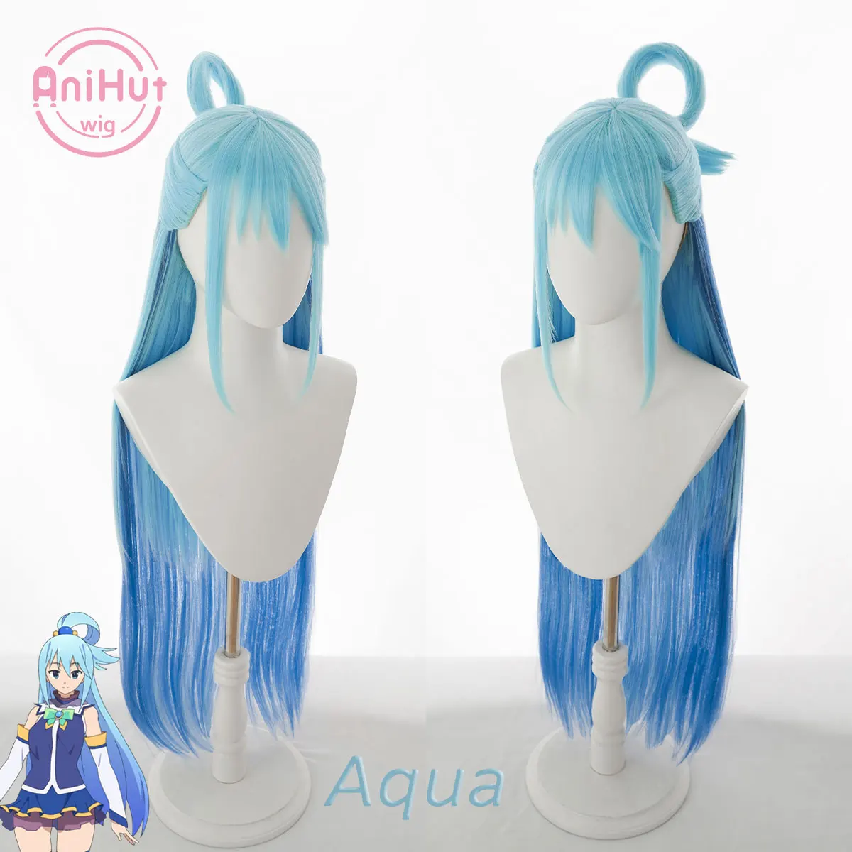 【AniHut】Peluca de cosplay Aqua, azul, larga, Konosuba, bendición de Dios en este maravilloso mundo, pelo sintético resistente al calor
