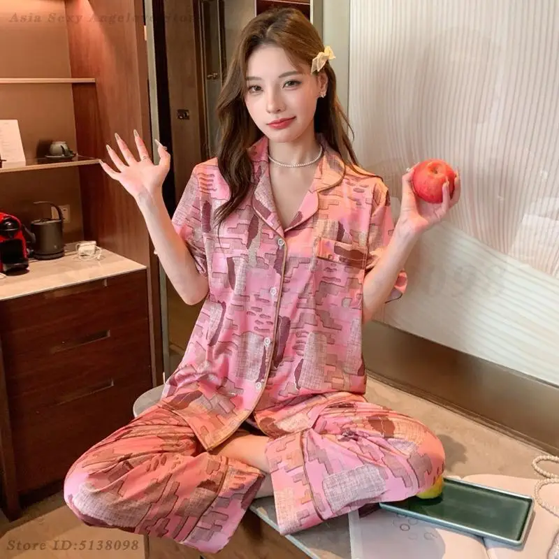 Spring Summer Women Pajama Loungewear 2PCS Nightwear Sexy Luxury Printed Sleepwear Loose Casual Silk Satin Pijamas Suit Homewear
