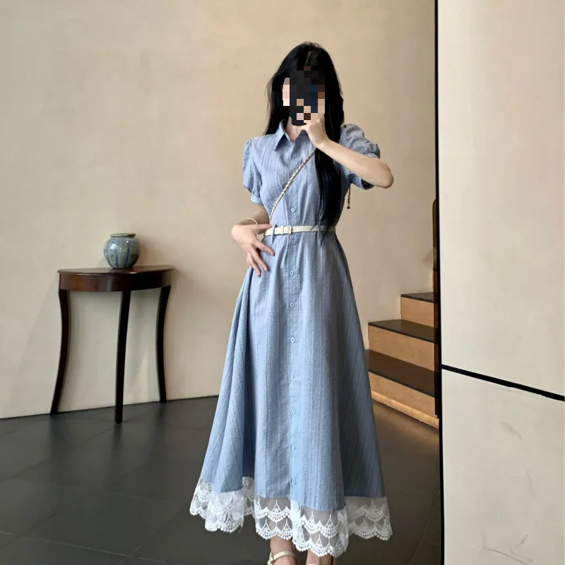 Light Blue Striped Shirt Midi Dress Women Puff Short Sleeve Belted Lace Hem Button Down Long Dress