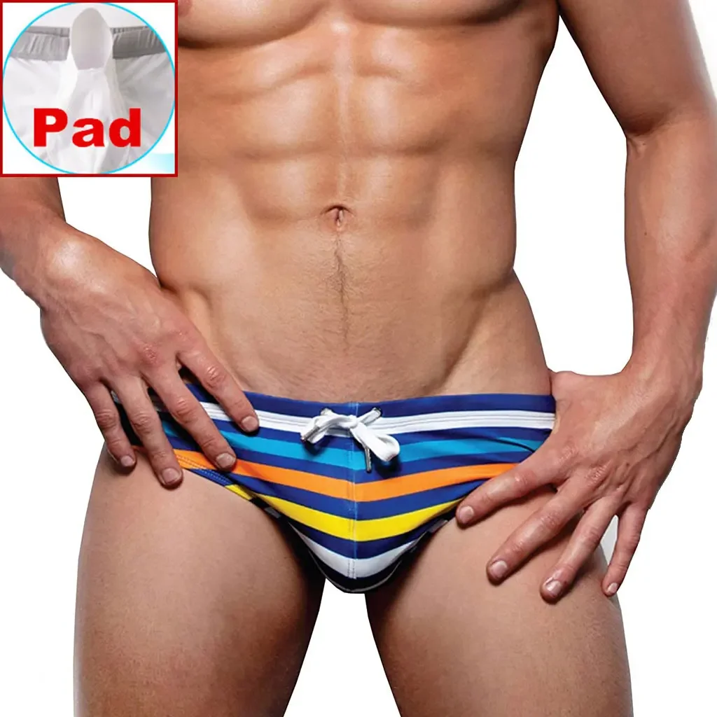 Men's Sexy Low Rise Swim Briefs Bikini Swimsuits Striped Trunks Swimwear with Push Up Pad Hot Summer Male Beachwear Bathing Suit