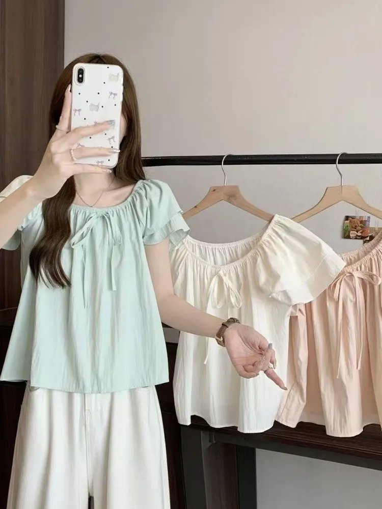 

Loose Knot Short Sleeve Women's Shirt Shoulder Bared Summer Thin Mint Green Cover up Slimming Top Korean Style