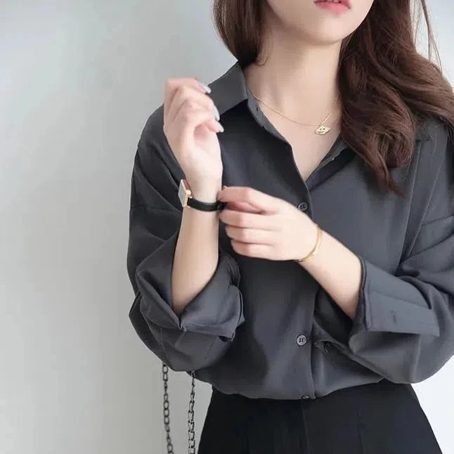 

Elegant Women's Long Sleeve Shirt Loose Casual Top Salt Series Drapey Black White Large Size Women's Fashion Polyester Fiber