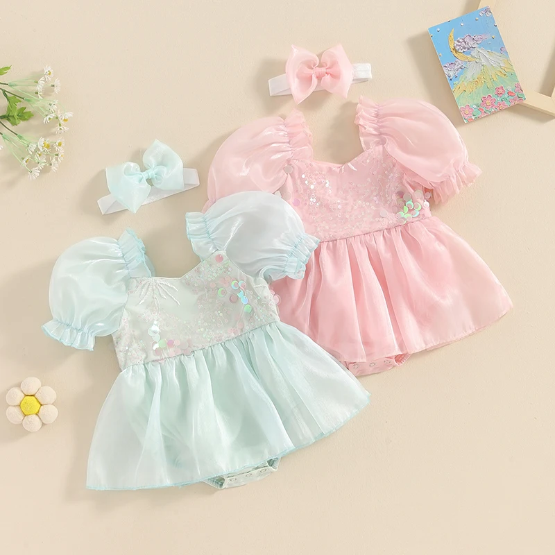 Baby Girls Princess Rompers Dress Sequins Short Sleeve Organza Skirt Hem Infant Bodysuits Summer Playsuits Clothes with Headband