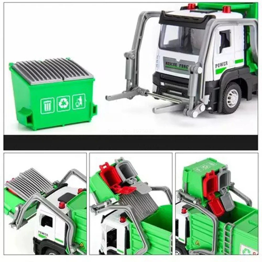 1:32 Garbage Collection Trucks Trailer Cars Models Toy Light Sound Pull Back Miniature Sanitation Engineering Vehicle Kids Gifts