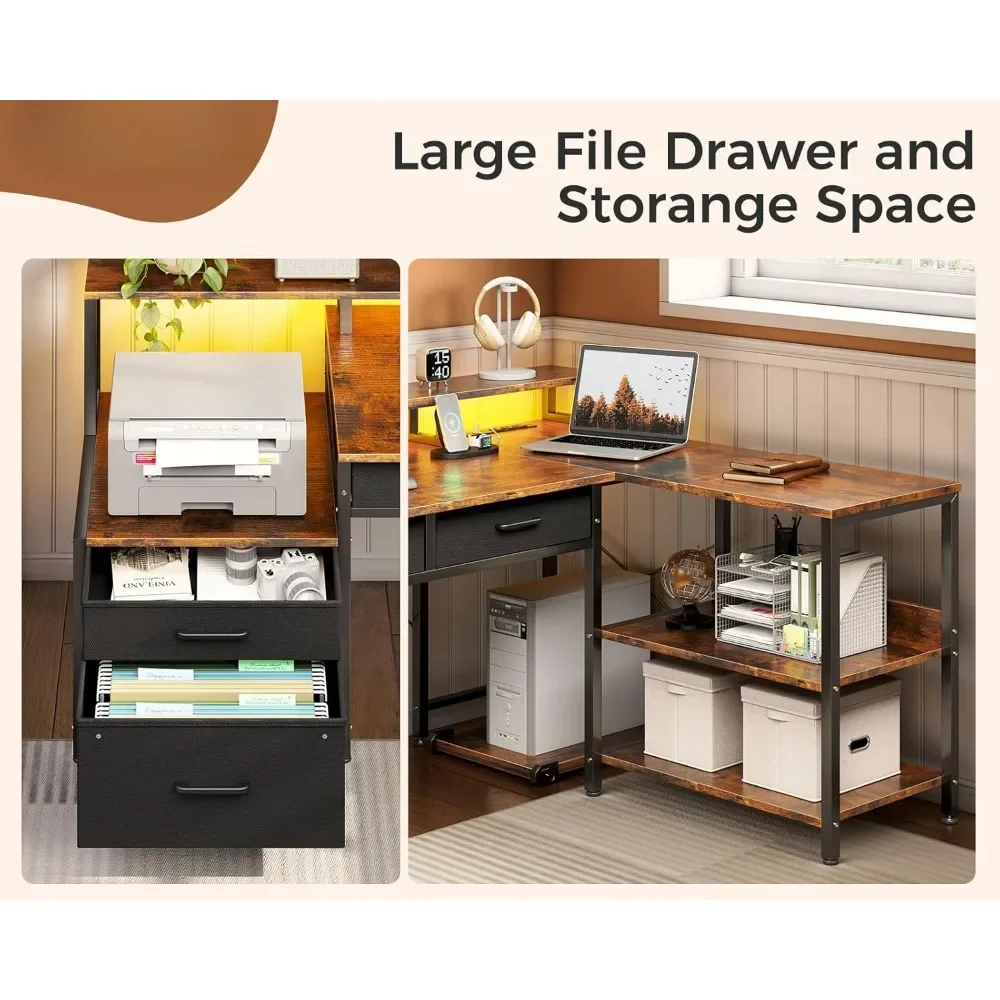 L Shaped Desk with 5 File Drawers, 75" Reversible L Shaped Computer Desk with Power Outlet & LED Strip, Office Desk
