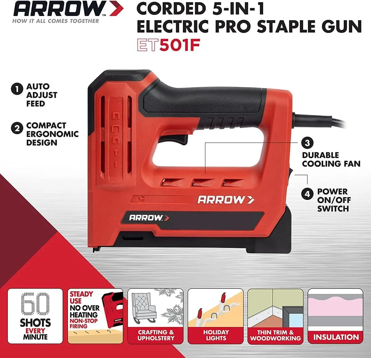 Corded 5-in-1 Electric Staple and Nail Gun, Wire Stapler and Brad Nailer for Upholstery, Framing, Insulation, Crafts, Fencing, and Cable, Black/Red view 2