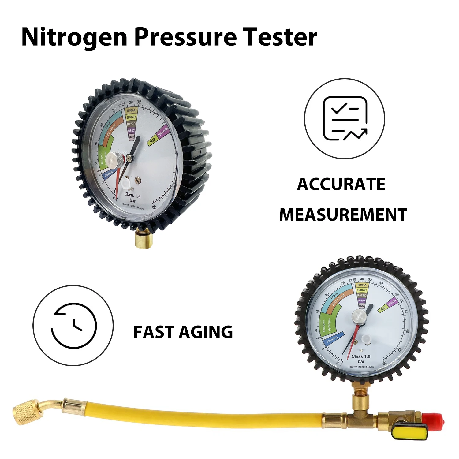 Nitrogen Pressure Tester 1~60bar HVAC Systems Cold Test Table Tools Brass 1/4 SAE In Pressure Gauge For R134a, R22, R407C, R410A