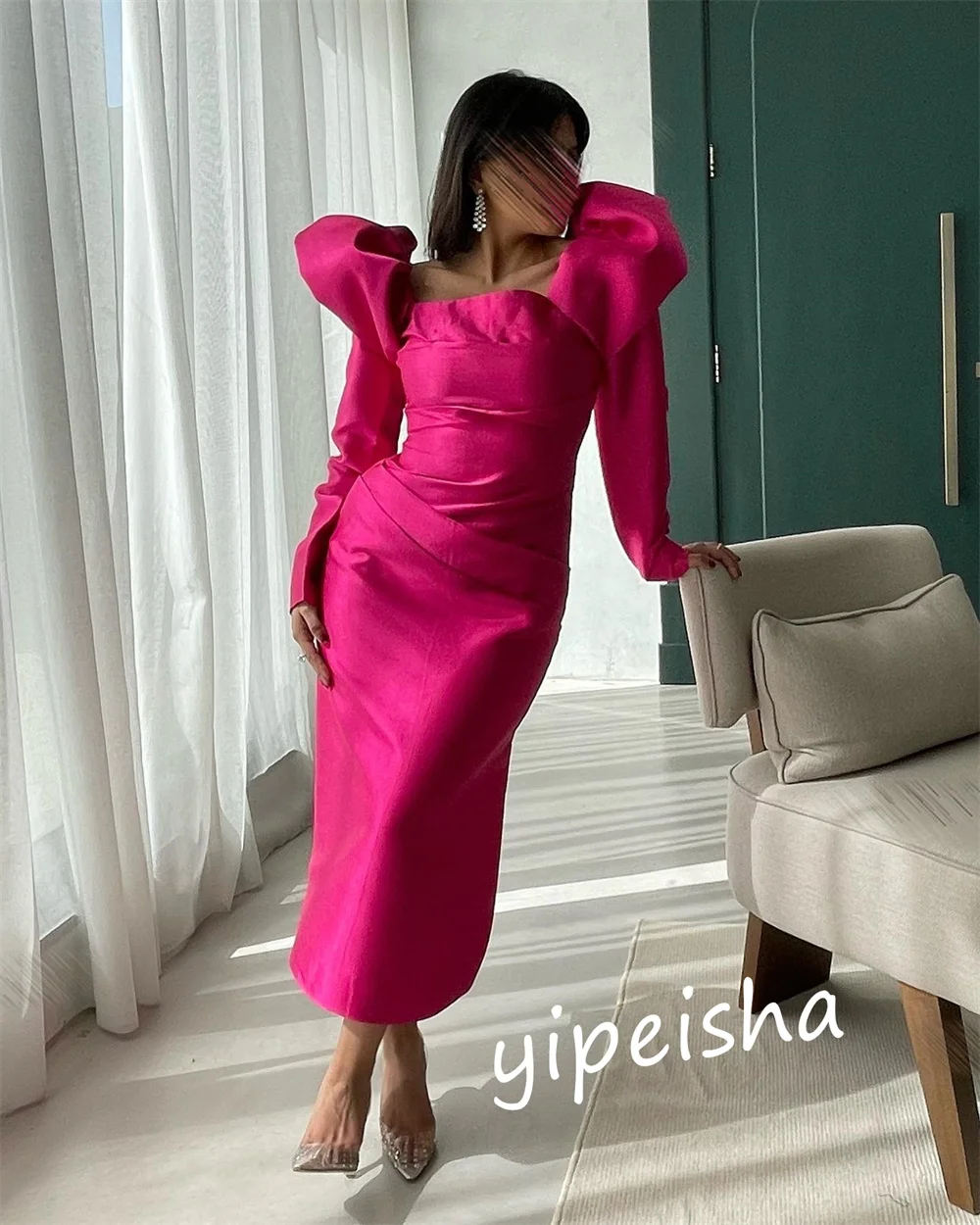 Customized  Satin Pleat Birthday Sheath Square Neck Bespoke Occasion Gown Midi Dresses Saudi Arabia