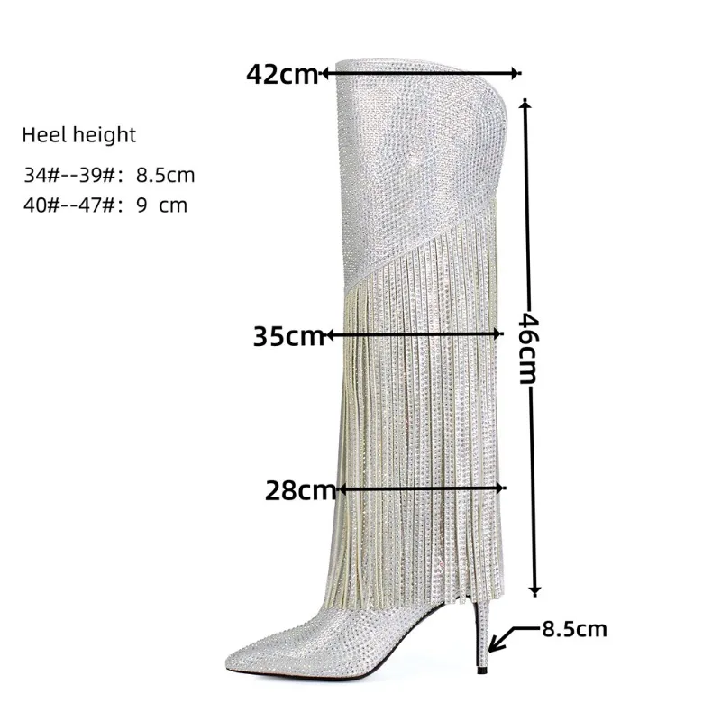 European and American Women\'s Sexy Tassels, Slim High Heels, Rhinestone Boots, Women\'s Fashion Runway Boots, Banquet Shoes