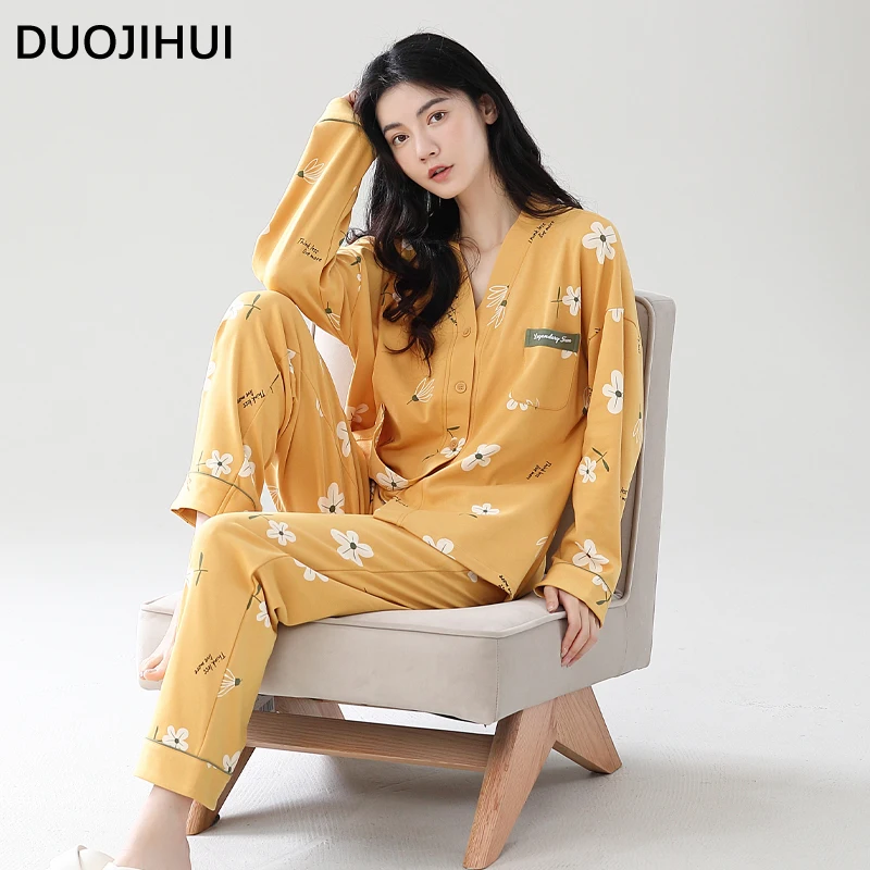 DUOJIHUI Yellow Chic Floral Printed Simple Pajamas for Women Autumn V-neck Cardigan Loose Pant Fashion Casual Female Pajamas Set