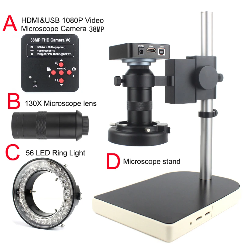 

Lndustrial Electronic Microscope Set 38MP 60F/S HDMI VGA Digital Microscope Camera+130X C mount lens 56 LED Ring Light Lamp