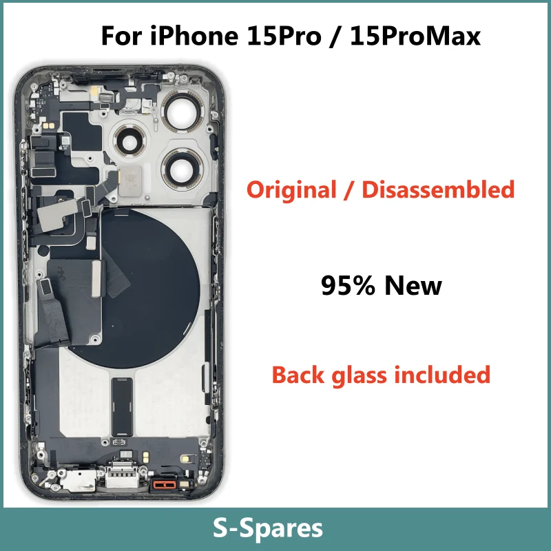 

Оригинальный разобранный корпус средней рамы, задняя стеклянная крышка для iPhone 15 Pro Max с беспроводным зарядным устройством NFC в сборе, 95% новый