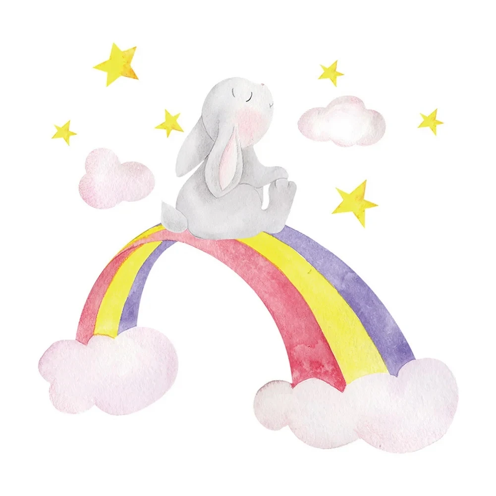 Cute Rabbit Rainbow Wall Sticker For Baby Kids Room Decoration Bedroom Wallpaper Home Decor Animals Nursery Beautify Decals