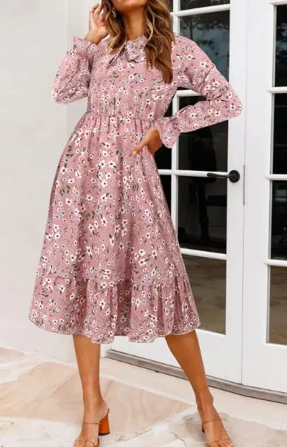 Primavera 2025 novo vestido feminino, design de cintura, formato de trompete elegante, mangas compridas, bordas com babados, padrão de flor