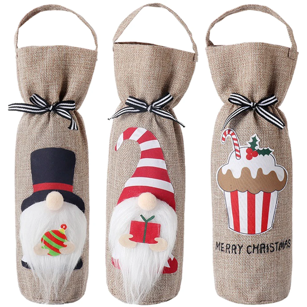 

3pcs Bottle Bags Christmas Decorative Linen Drawstring Bottles Gifts Party Reusable Bar Tools Kitchen Supplies