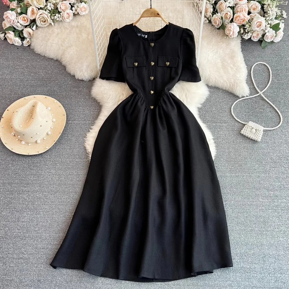 Hepburn Wind 2024 Summer Black High Waist Midi Dress New Elegant Women Round Collar Heart Button Puff Sleeve Prom Party Vestidos