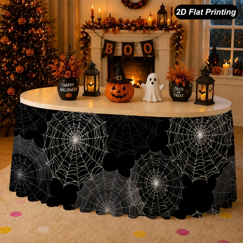 One-piece 2D flat Halloween tablecloth with spider web black background table runner