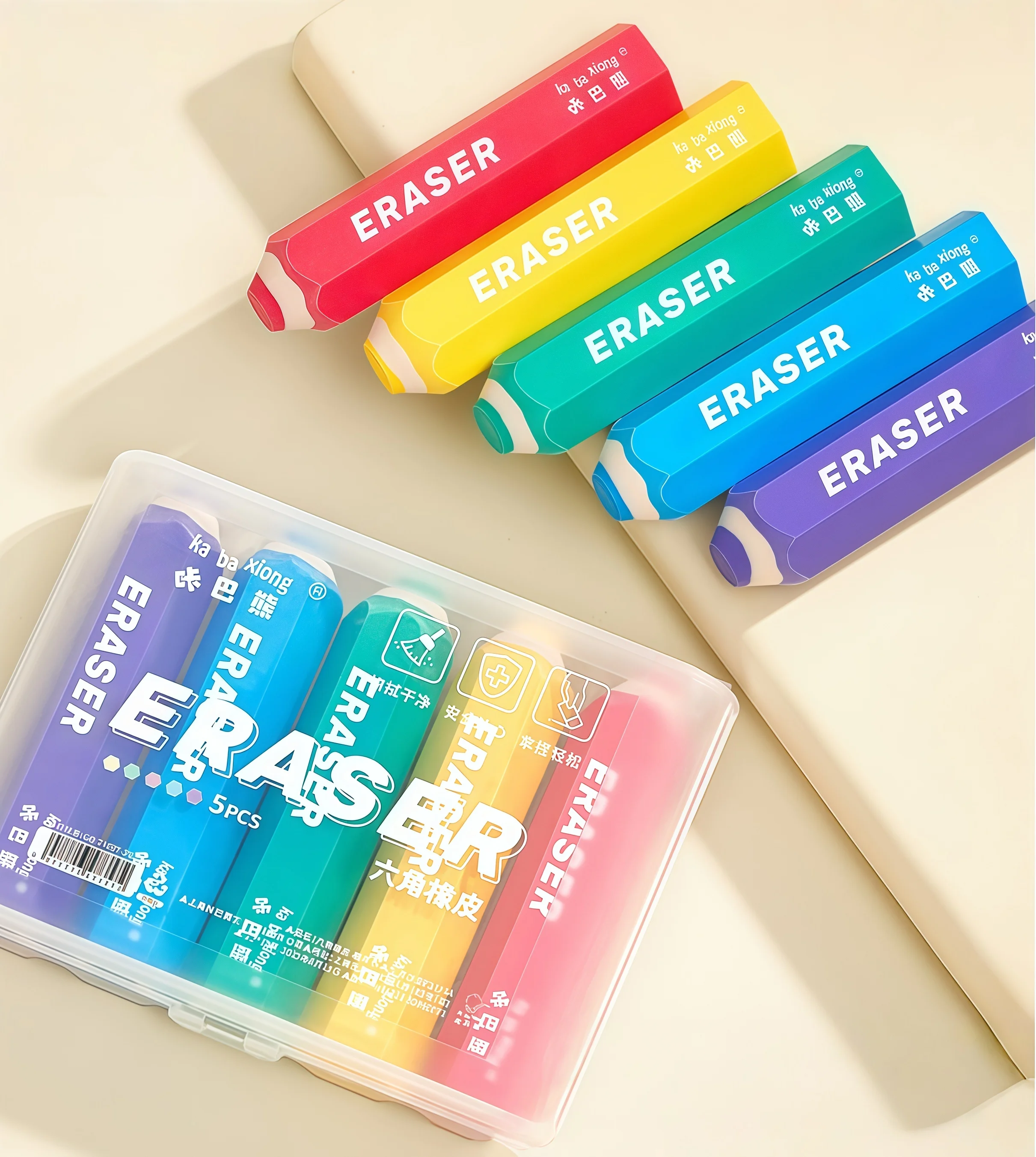 Borrador de lápiz hexagonal de 5 piezas: colores dulces, borrado preciso, resistente a roturas, sin residuos, ideal para exámenes de estudiantes