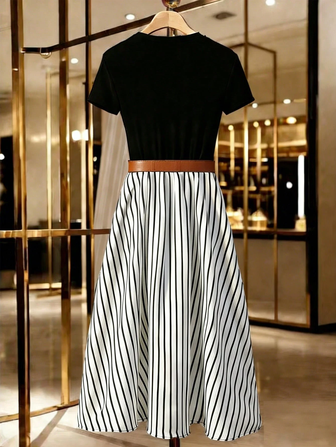 Elegant Casual Striped A-Line Two Piece Set Short Sleeve Black Top And Pleated Skirt