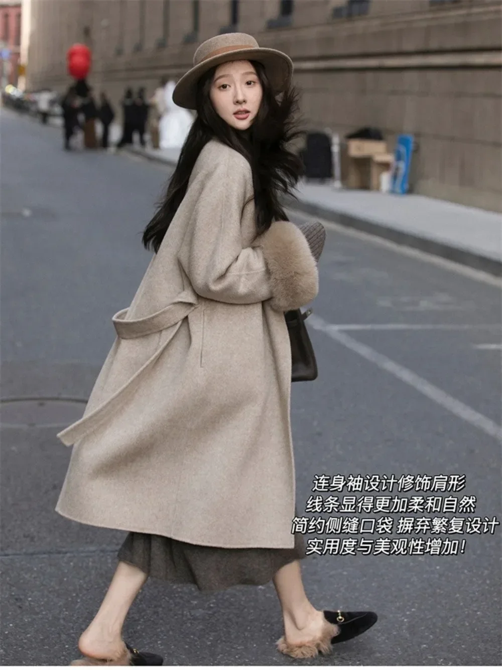 2024 Autumn Winter New Women Long Loose Belt Fashion Woolen Coat Female Fur Sleeve Detachable Real Fox Fur Collar Wool Jacket